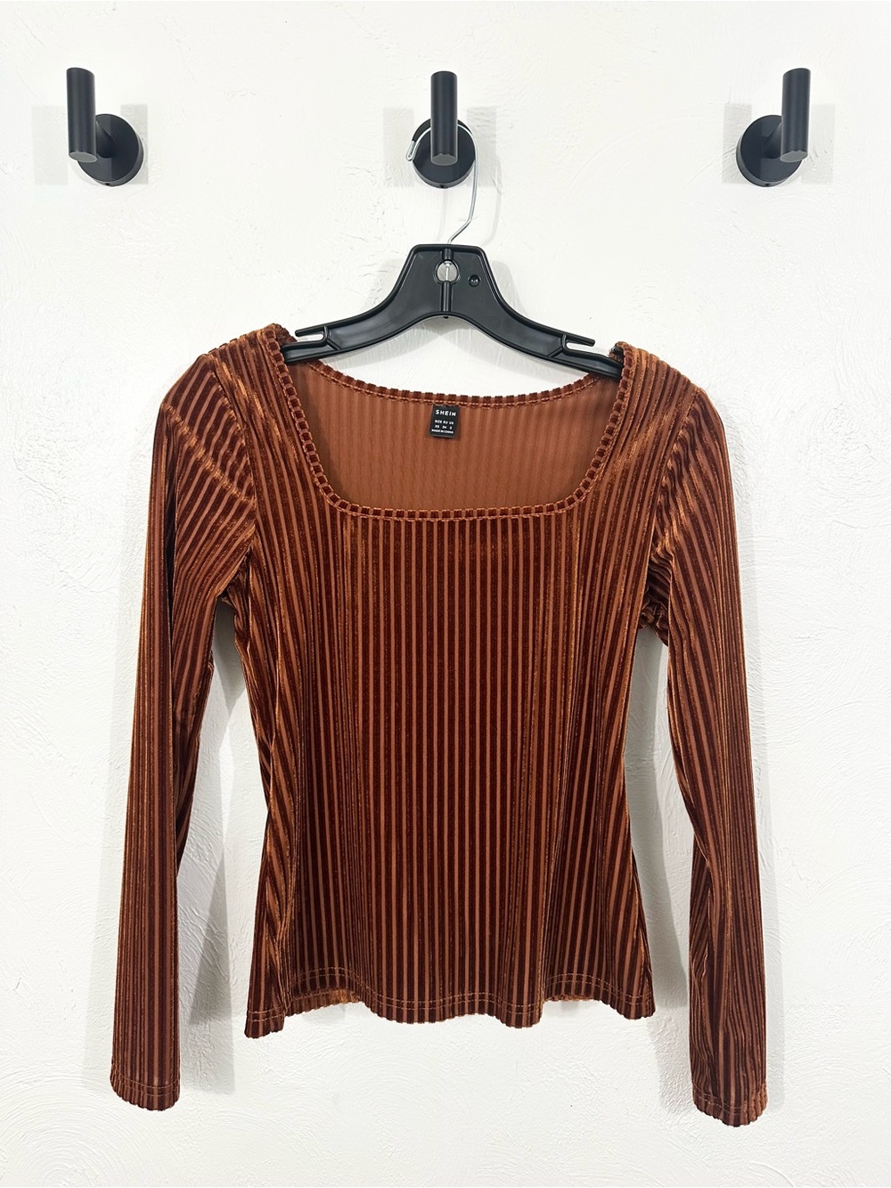 SHEIN Rust Orange Velvet Ribbed Square Neck Long Sleeve Top
